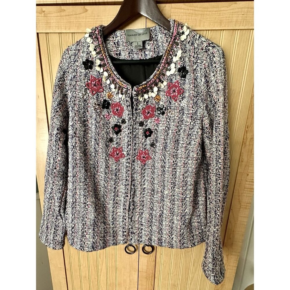 Anthropologie Summer Of Love Suzy Jacket Blazer Pink Rose Embellished Tweed Sz L - Picture 6 of 6